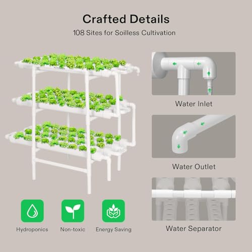VIVOSUN Hydroponics Growing System 108 Plant Sites, 3 Layers 12 Food-Grade PVC-U Pipes Gardening System Grow Kit with Water Pump Timer, Nest Basket and Sponge for Leafy Vegetables - Image 6