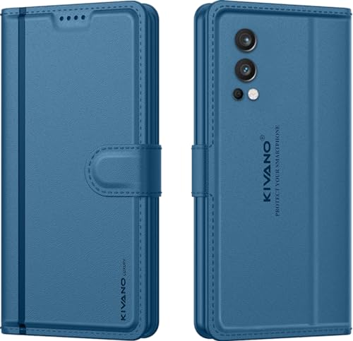 Image of KIVANO LUXE Compatible for OnePlus Nord 2 5G Luxury Handmade Leather Magnetic Flip Folio Case | Card Holder & Kickstand | Slim Protective Cover | Unisex - Blue