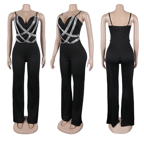 Image of Jigfar Women Sexy Sparkly Rhinestone Spaghetti Straps Bodycon Jumpsuit Wide Leg Deep V Neck Party Club Night Outfit(FK3388,Black,L)