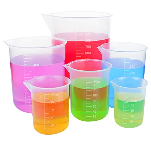 GZLFH Pack of 6 Laboratory Measuring Cups, Transparent Plastic Measuring Cups, 50 ml, 100 ml, 150 ml, 250 ml, 1000 ml