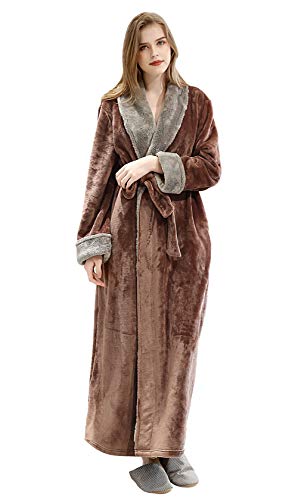 FEOYA Warm Robes for Women Long Thicker Fuzzy Bathrobe Fleece Flannel Housecoats Shawl Collar Soft Plush Nightgown Khaki