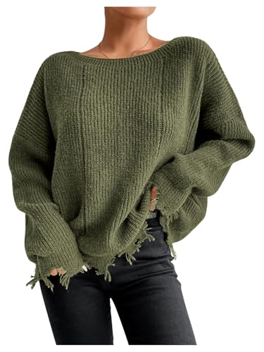 SHENHE Women's Oversized Distressed Sweater Boat Neck Long Sleeve Knit Sweater Pullover Top
