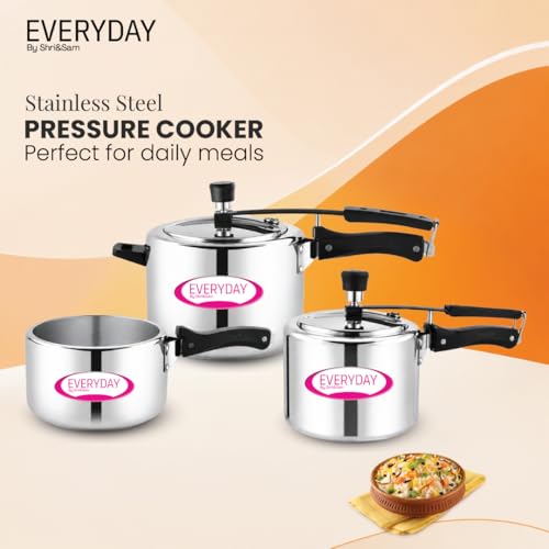 Image of Everyday Stainless Steel Pressure Cooker Combo Set (2L + 3L + 5L) | 2 Litres & 3 Litres Cooker with a Common Lid | Mirror Finish | Inner Lid Design | Gas & Induction Compatible