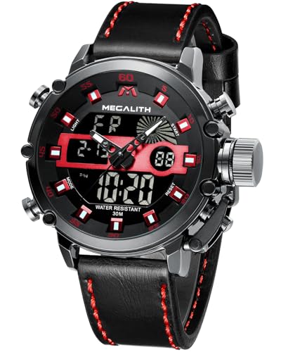 MEGALITH Reloj Hombre Digital Militar: Deportivo Esfera Grande Reloj de Pulsera con Correa de Cuero Negro   Cronómetro LED Alarma Impermeable para Correr Outdoor