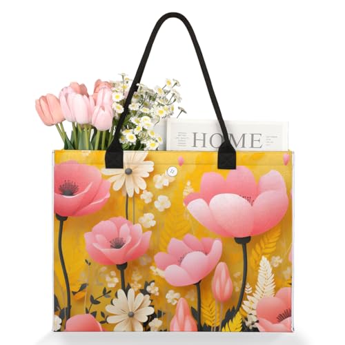 Pink Flower Yellow Plants Tote Bag for Women Large Beach Bag Reusable Tote Bags for Work Travel Beach Shopping3