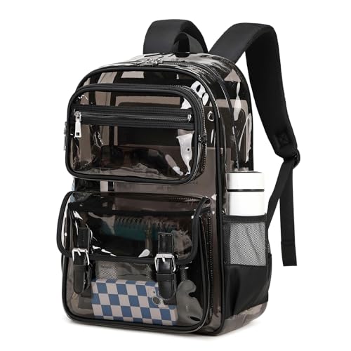 ASKSKY Large Clear Backpack Transparent Heavy Duty School Clear Bookbag See Through Bag Boys and Girls for College Work Travel Security Semi Black