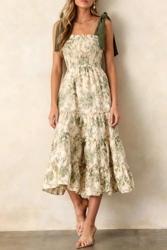 Image of Women Y2k Floral Smocked Maxi Dress Bow Tie Shoulder Tiered Ruffle Midi Sun Dress Boho Casual Beach Long Dresses