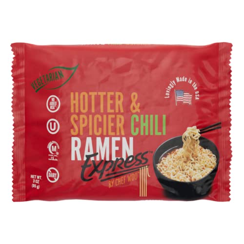 RAMEN EXPRESS Hotter and Spicier Flavor Ramen Noodle Packs, 3 Oz Each (Pack of 24) by Chef Woo | Vegetarian Ramen Noodles | No Added MSG | Halal | Egg-Free and Dairy-Free Red