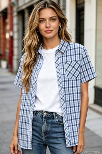 Image of SANGTREE Girls Women Plaid Shirt Short Sleeve Button Down Summer Blouses
