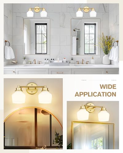 Image of Emak Modern Gold Bathroom Light Fixtures, 2-Light Vanity Lights with Milk Glass Shade for Bathroom, Mirror, VL122-GD-ML-2