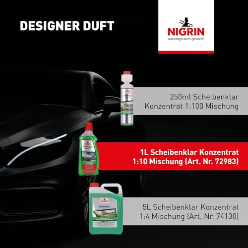NIGRIN Scheibenklar Konzentrat 1:10 Designer Duft | 1 Liter | Reinigungszusatz für Autoscheiben und Scheinwerfer | entfernt Insekten, Öl, Fett | schlierenfrei | verhindert Streulicht | ab 5 °C