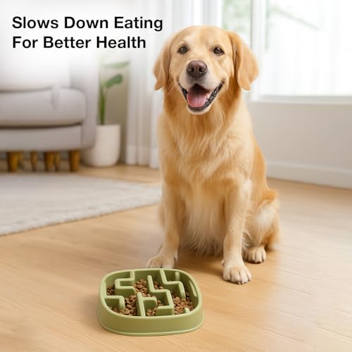 Image of Slow Feeder Bowl | Square Maze Food Bowl for Dogs and Cats | Anti Choking Puzzle Bowl | Anti Slip Interactive Feeding Dish | Durable & Easy to Clean | Anti Bloat and Aids Digestion (Green)