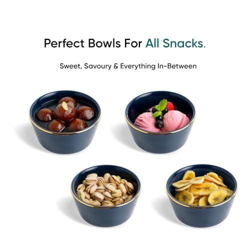Image of Shay Ceramic Dinner Bowl Set of 4 for Rice, Dal, Salad, Snacks, Fruits & Noodles | Blue with Gold Rim | Microwave Safe Ceramic Serving Bowls for Home, Kitchen & Gifting (Bowl Set of 4 - Blue Gold)