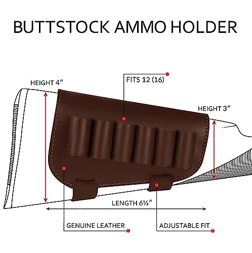 Bronzedog Genuine Leather Buttstock Ammo Holder Shotshell Carrier Hunting Ammo Pouch Shotgun Shell Cover 12 (16) Gauge Right Handed Black Brown (Brown) #TOP1