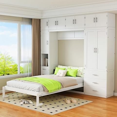 KLMM Multifunction Wooden Full Size Murphy Bed with Lockers and Wardrobes, with Installation Video,for Apartments Studio Guest Room Use (White@Lockers, Full) Cover