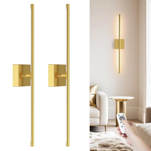 Image of VOLISUN 7800mAH Battery Operated Wall Sconces Set of Two, Rechargeable Wall Sconces with Remote, 3000K-6500K Dimmable Wireless Wall Lamp, 28'' Wireless Wall Lights for Bedroom, Living Room(Gold)