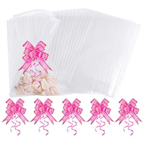 AUERVO 50Pcs Clear Cellophane Treat Bags 25X16cm Clear Resealable Flat Cello Bags Sweet Party Gift Bags OPP Plastic Bag with 50Pcs Pink Pull Bows for Candy, Food,Soap, Cookie, Valentine Chocolates Cover