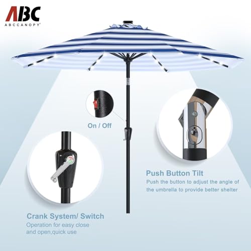 Image of ABCCANOPY Durable Solar Led Patio Umbrellas with 32LED Lights 9FT (Blue White Stripes)