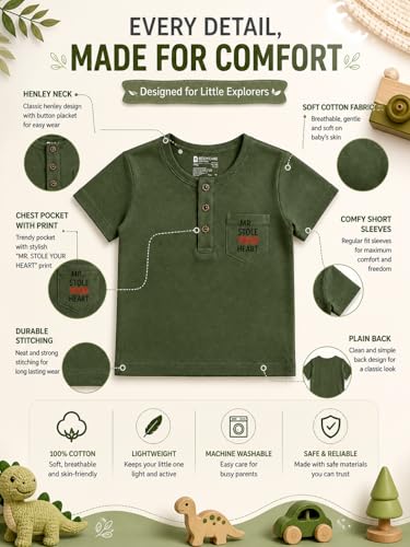 Image of BODYCARE Kids Inafant Placement Print Boys Round Neck Half Sleeves Cotton T-Shirt | Skin Friendly Regular Fit | Soft Breathable Fabric Comfortable & Durability | Pack of 1 | Mustard | Age 6-12 Months