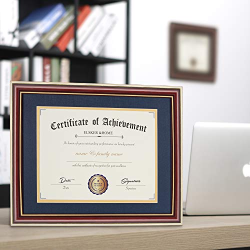 Image of ELSKER&HOME 8.5x11 Document Frame with Navy Mat,Real Wood Reddish | High Gloss Brown Wood Frame for Certificates Sized 8.5x11 Mat and 11x14 Without Mat (Double Mat, Navy with Golden Rim)