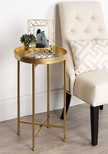 Kate And Laurel Celia Round Metal Foldable Accent Table With Mirror Tray Top, Gold #TOP1