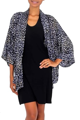 NOVICA Artisan Handmade Rayon Kimono Jacket Women's Black Grey Batik Print Clothing Patterned Indonesia ' Borneo Slate'