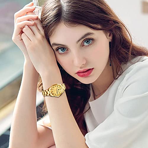 OLEVS Luxury Ladies Watches,Women's Watch with Day and Date,Female Watch for Small Wrist,Gold Stainless Steel Watches for Women,Easy Read Ladies Wrist Watches Waterproof(Adjustable Strap2