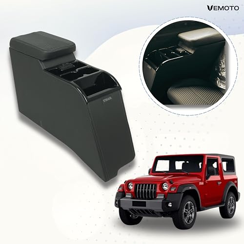 Image of VEMOTO Exclusive Armrests for Mahindra THAR With USB and C-Type PD Charging Ports & Mobile + Bottle Holders (THAR 2.0 EXCLUSIVE, Only REAR Armrest).