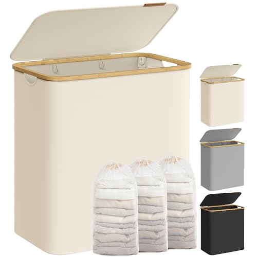 SONGMICS Laundry Basket with Lid, 3-Section Large Laundry Hamper, 150L, Removable Mesh Liner, Oxford Fabric, Bamboo Handles, Collapsible, 60 x 38.5 x 70.5 cm, Cream White LCB515W01