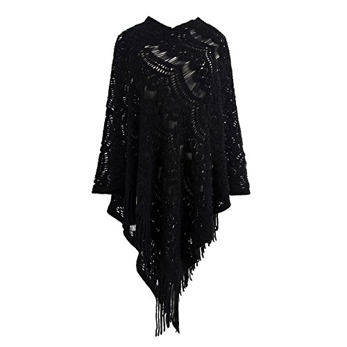 LAEMILIA Cape en Tricot Femme Hiver Dentelle au Crochet Irrégulière Frange Casual Swag Pull-Over Cardigan Foulard Pèlerine à Capuchon Ponchos (Noir, Taille Unique)