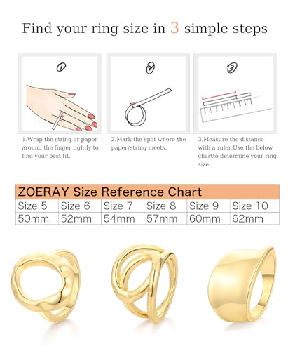 ZOERAY Chunky Gold Rings for Women Non Tarnish Stackable Statement Ring | 14K Gold Plated, Stacking Thumb Ring Set, Signet Open Twist Dome Band Rings, Gold Jewelry Gifts for Women, Size 5 6 7 8 9 10
