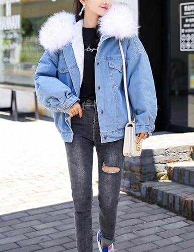 Flygo Women's Oversized Warm Sherpa Lined Faux Fur Hooded Denim Jacket Jean Coat 5