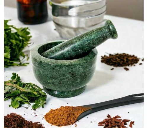 Image of Green Marble Mortar and Pestle Set for Kitchen & Ayurveda | Heavy Duty Hand Grinder for Spices, Herbs, and Pills | Traditional Stone Manual Masher | 4-Inch Mortar Crusher for Home Use
