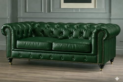 Image of Classic Leatherette Chester Sofa Set Button Tufted, Classic Style Sofa Set for Living Room, Office, and Hallway Colour (Bottle Green Leatherette, 3+2 = 5 Seater Sofa)