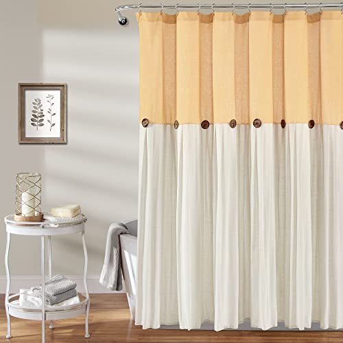 Image of Lush Decor Linen Button Farmhouse Shower Curtain Pleated Two Tone Design for Bathroom, 72 inch x 72 inch, Yellow & Off-White - DISCONTINUED