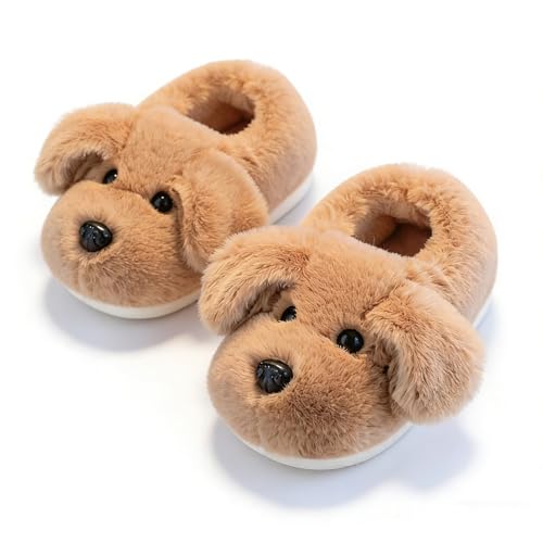 TYUSGH Pantuflas de invierno para niños y niñas, cálidas, esponjosas, para casa de perro, lindas pantuflas de dibujos animados, suaves, antideslizantes, botines de interior, Khaki, 13 UK Child