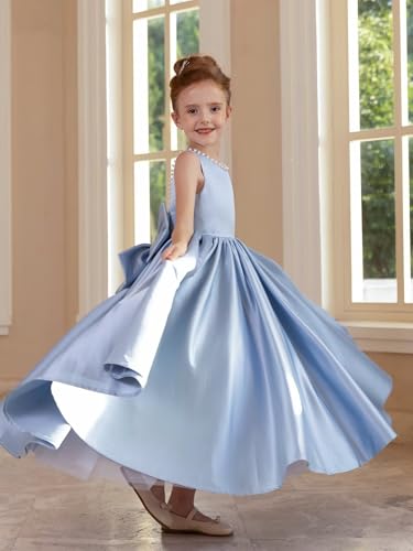 JISISANG Bow-Knot Wedding Party Flower Girl Satin Dress with Pearls Girls V-Back First Communion Formal Evening Dress4