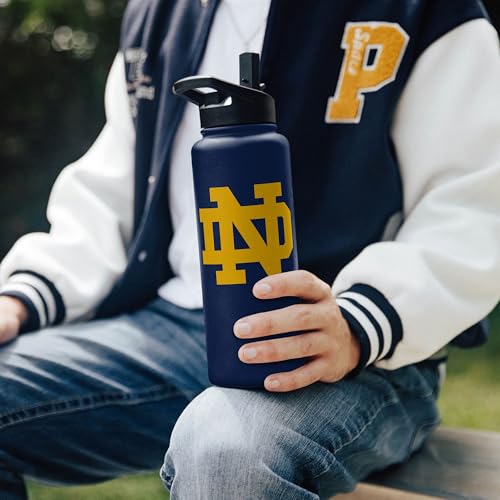 Image of Logo Brands NCAA Notre Dame Fighting Irish 34 oz Stainless Steel Quencher Bottle - Team Color, Straw Included, No-Spill Lid, Easy Carry Handle - Keeps Drinks Cold For Hours