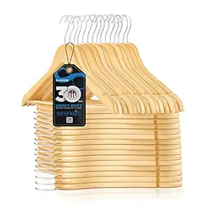 SereneLife Premium Solid Wooden Hangers - Smooth Finish Space Saving Heavy Duty Suit Clothes Hanger Set w/ 360 Degree Swivel Metal Hook, Precisely Cut Notches, for Coats Jackets Pants Dress (30-Pack)
