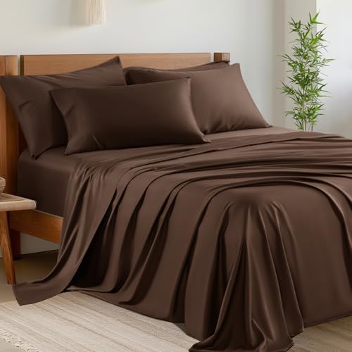 Image of Shilucheng 6 Piece Queen Sheet Sets, Cooling Sheets, Blend Rayon Derived from Bamboo, Deep Pocket Up to 16 inch, Breathable & Soft Bed Sheets, Hotel Silky Bedding Set, Brown