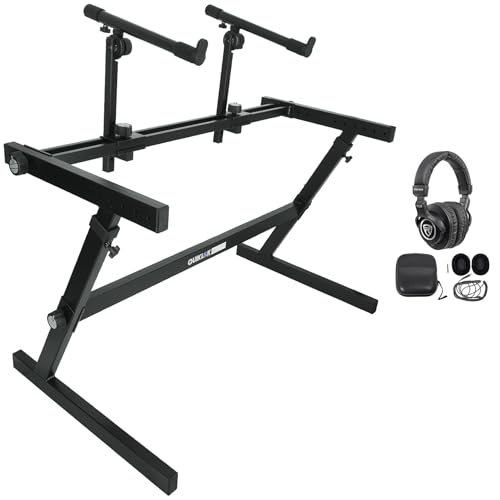 Audiosavings Bundle: Z-726L 2-Tier Z-Style Keyboard Stand w/Adjustable Heights 44 in. Width Bundle with Rockville PRO-M50 Studio Headphones w/ Detachable Coil Cable, Case+Extra Ear Pad (2 Items)