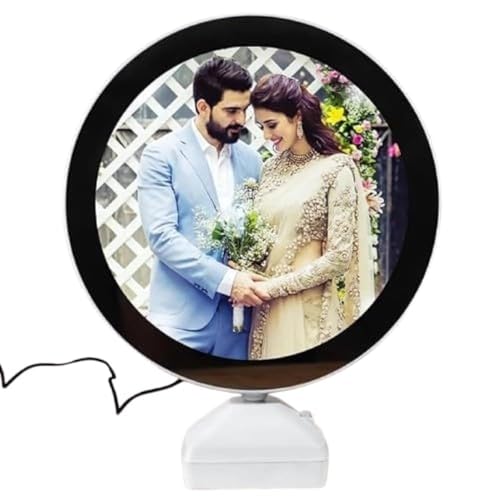 Image of Round Magic Mirror Photo Frame with LED Light, White, Desktop Stand, 8x8 Inch