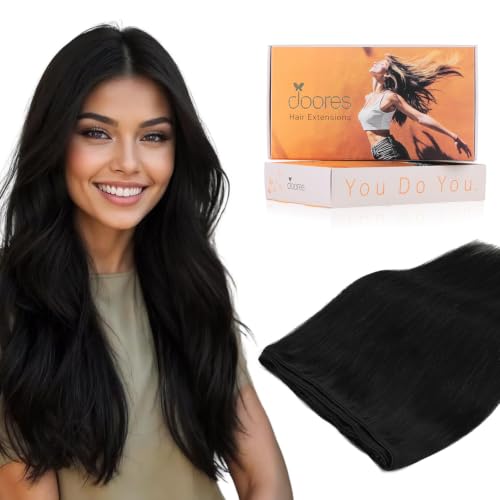 Image of DOORES Weft Hair Extensions, Jet Black 16 Inch 80g Bundles Sew In Real Human Hair Straight Natural Weave Full Head