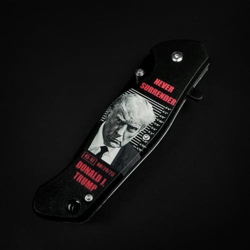 Image of PS Trump Mug Shot Stainless Steel Pocket Knife, Patriotic Everyday Carry Tool, Folding Utility Design, Belt Clip Carry Accessory, Gift and Collection Item, (Never Surrender Theme)
