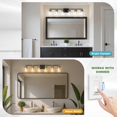 Image of DORESshop 6-Light Black and Gold Bathroom Light Fixture Over Mirror