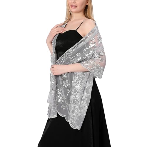 Ladiery Sequin Floral Shawls and Wraps for Evening Dresses,Women sparkly Sheer Mesh Wedding Shawls for Evening Party3
