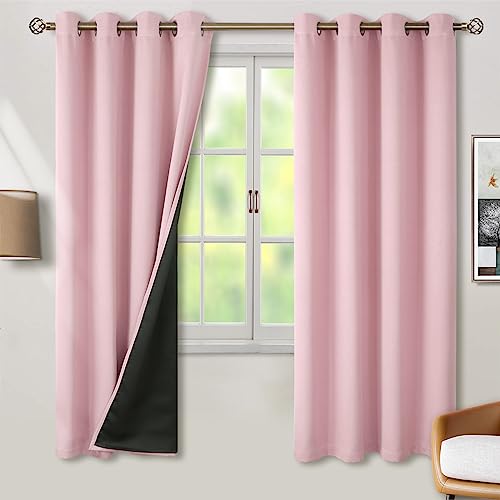 BGment Thermal Insulated 100% Blackout Curtains for Bedroom with Black Liner, Double Layer Full Room Darkening Noise Reducing Grommet Curtain, 2 Window Curtain Panels of 52 x 72 Inch, Pink by BGment - Used condition - CA$31.27