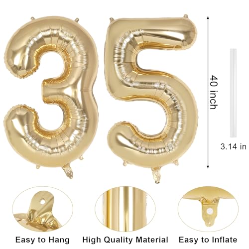 Image of Champagne Large Number 35 Balloon, 40 Inch Light Gold Foil Helium Number Balloons, Giant Mylar Number 35 Balloons for 35 Years Old Birthday Party Anniversary Decorations (Champagne Gold 35)