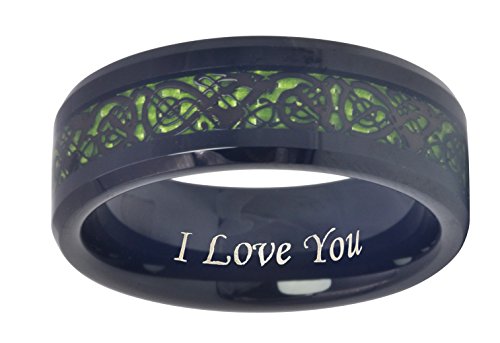 Crownal 6Mm 8Mm Blue/Green Carbon Fiber Black Celtic Dragon Tungsten Carbide Wedding Band Ring Engraved I Love You (8Mm,10.5) #TOP1