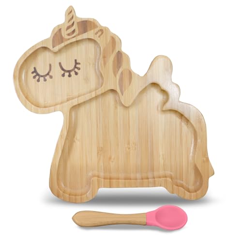 HARTAN CO Unicorn Bamboo Plate for Babies and Toddler Girls - Non-Toxic All Natural Eco Friendly Dinnerware set for Babies and Toddlers - Bamboo Kids Plate with Silicone Suction Cup and Spoon - Pink